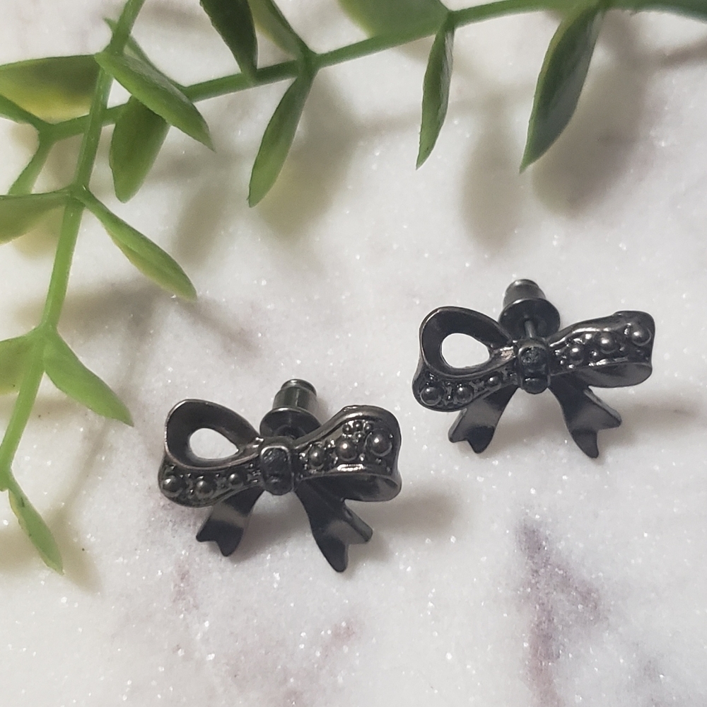Black Metal and Rhinestone Bow Stud Earrings
